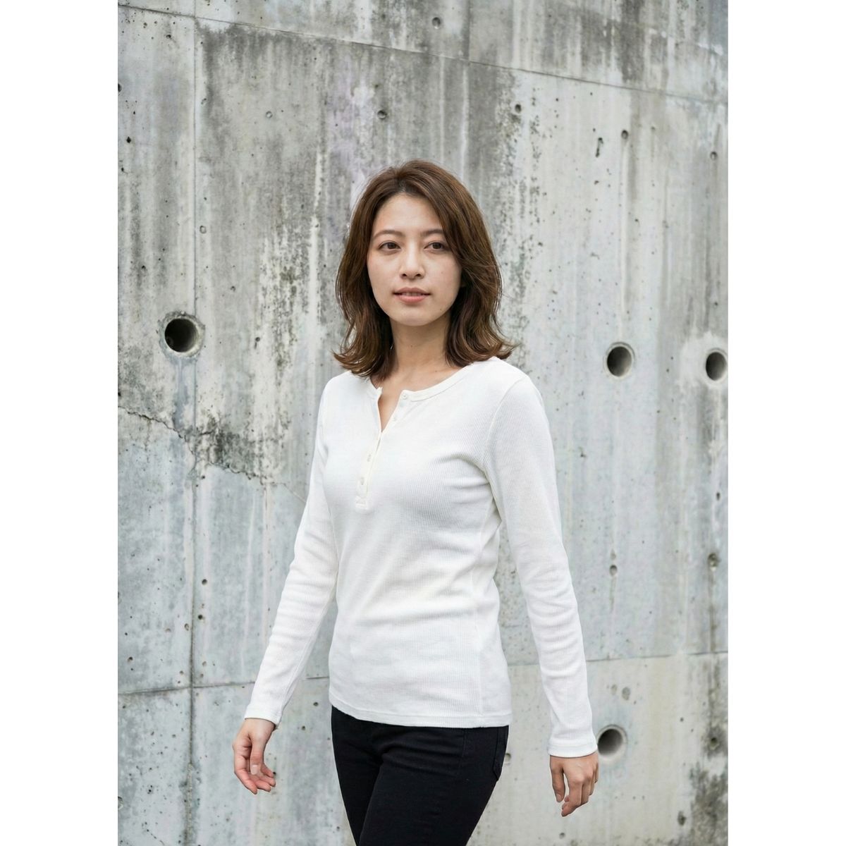 ヘンリーネックTシャツ レディース リブニット テレコ 長袖 ストレッチ シンプル 韓国ファッション Belle Cie ST/No.27430