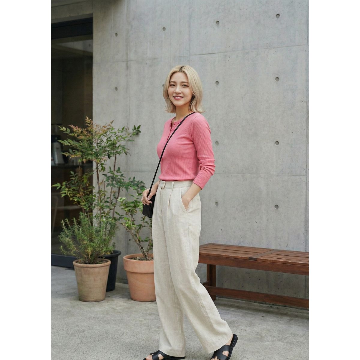 ヘンリーネックTシャツ レディース リブニット テレコ 長袖 ストレッチ シンプル 韓国ファッション Belle Cie ST/No.27430