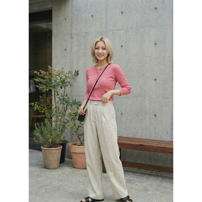 ヘンリーネックTシャツ レディース リブニット テレコ 長袖 ストレッチ シンプル 韓国ファッション Belle Cie ST/No.27430
