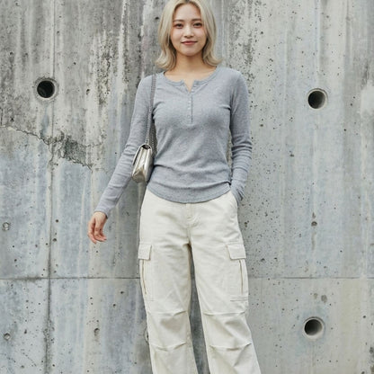 ヘンリーネックTシャツ レディース リブニット テレコ 長袖 ストレッチ シンプル 韓国ファッション Belle Cie ST/No.27430