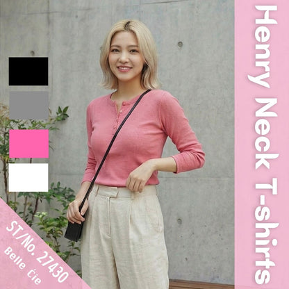 ヘンリーネックTシャツ レディース リブニット テレコ 長袖 ストレッチ シンプル 韓国ファッション Belle Cie ST/No.27430