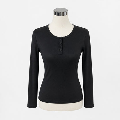 ヘンリーネックTシャツ レディース リブニット テレコ 長袖 ストレッチ シンプル 韓国ファッション Belle Cie ブラック 実物撮影 正面