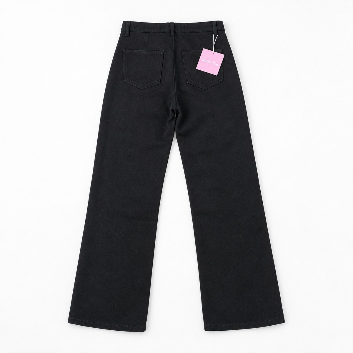 裏シャギー デニムワイドパンツ レディース ハイウエスト 裏起毛 ストレート 暖パン Belle Cie ST/No.27801 ブラック 実物撮影 背面
