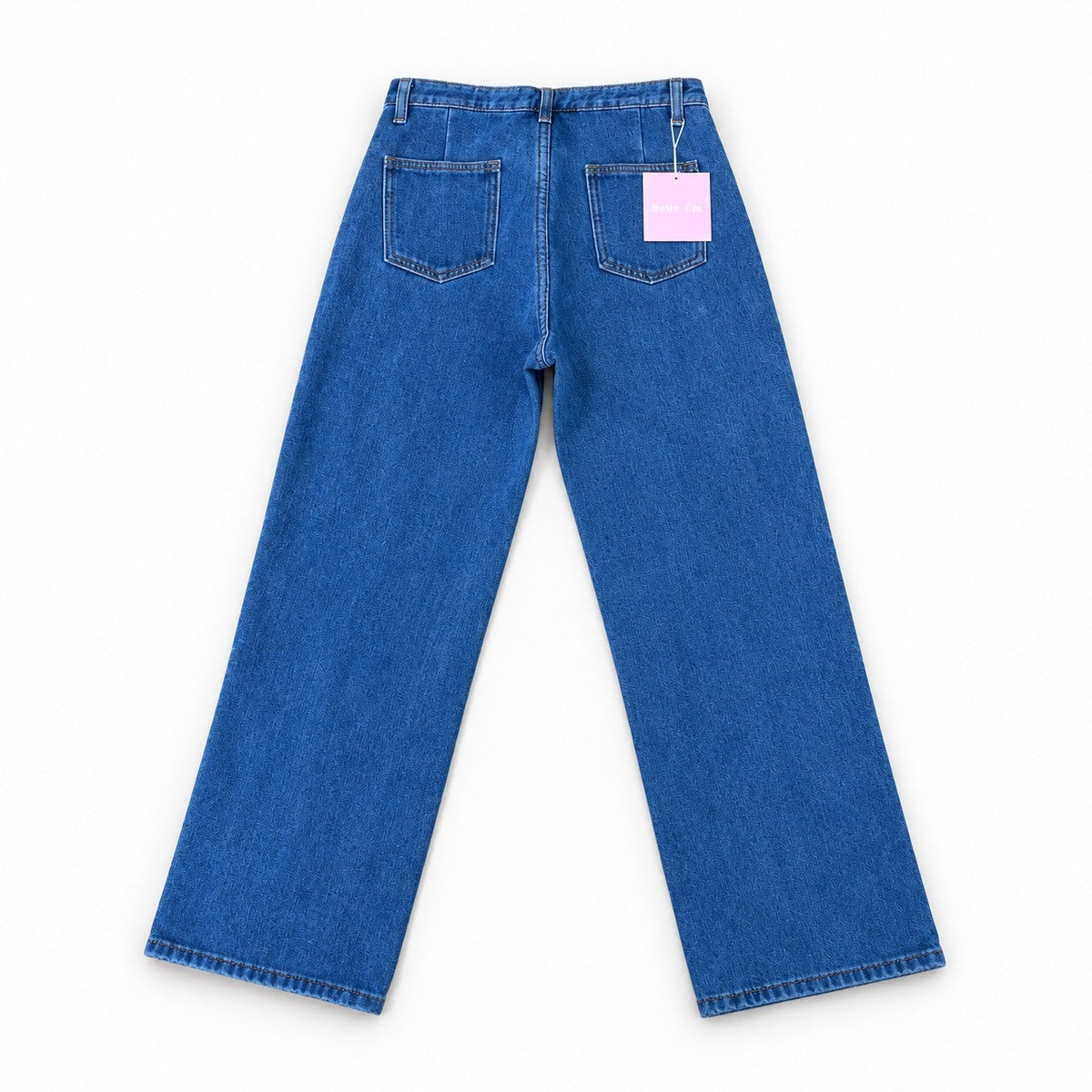 裏シャギー デニムワイドパンツ レディース ハイウエスト 裏起毛 ストレート 暖パン Belle Cie ST/No.27801 ブルー 実物撮影 背面