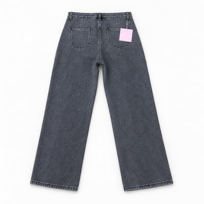 裏シャギー デニムワイドパンツ レディース ハイウエスト 裏起毛 ストレート 暖パン Belle Cie ST/No.27801 グレー 実物撮影 背面