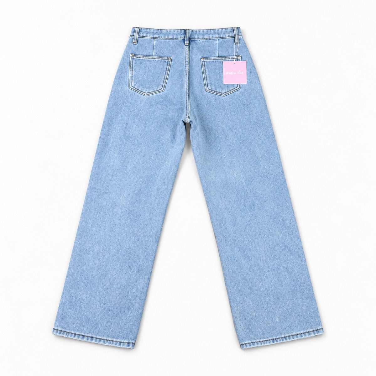 裏シャギー デニムワイドパンツ レディース ハイウエスト 裏起毛 ストレート 暖パン Belle Cie ST/No.27801 サックス 実物撮影 背面