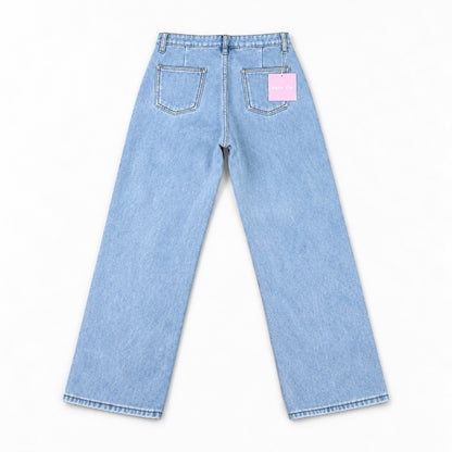 裏シャギー デニムワイドパンツ レディース ハイウエスト 裏起毛 ストレート 暖パン Belle Cie ST/No.27801 サックス 実物撮影 背面