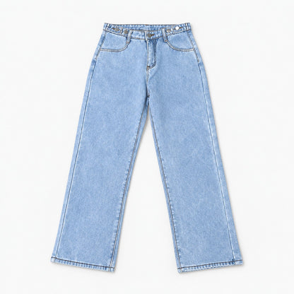 裏シャギー デニムワイドパンツ レディース ハイウエスト 裏起毛 ストレート 暖パン Belle Cie ST/No.27801 サックス 実物撮影 正面