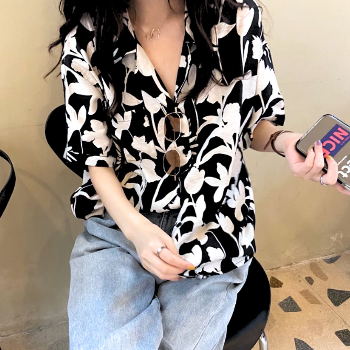 Shirts/モノトーン花柄シャツ ST/No.27892