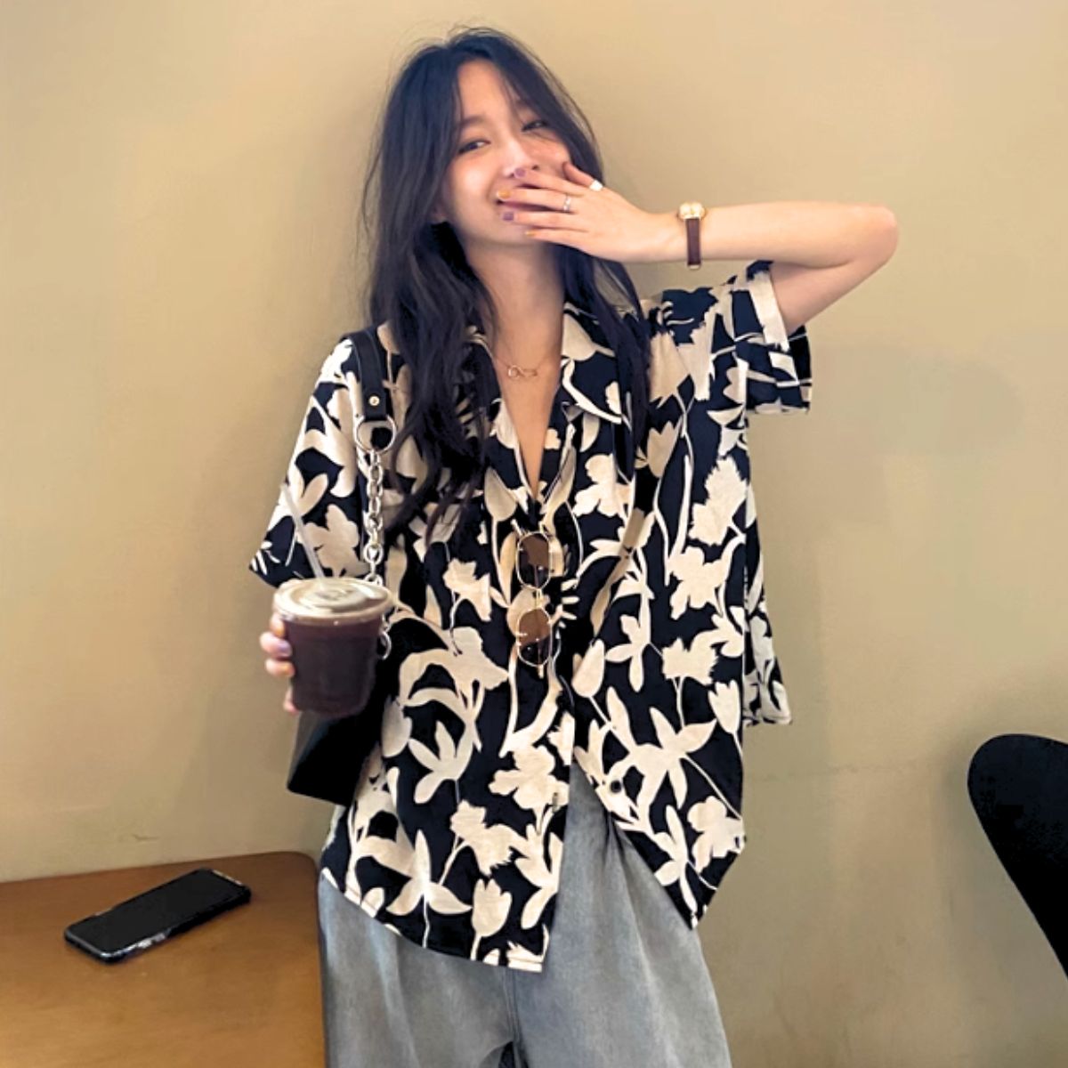 Shirts/モノトーン花柄シャツ ST/No.27892