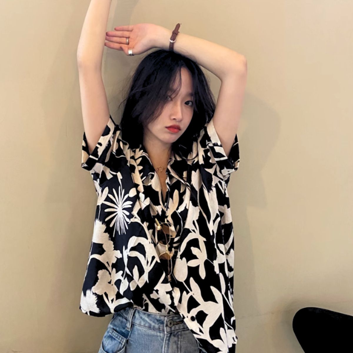 Shirts/モノトーン花柄シャツ ST/No.27892