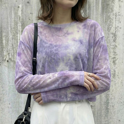 シアーTシャツ レディース 長袖 ショート丈 タイダイ グラデーション シースルー 韓国ファッション Belle Cie ST/No.27923