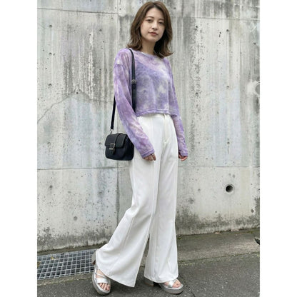 シアーTシャツ レディース 長袖 ショート丈 タイダイ グラデーション シースルー 韓国ファッション Belle Cie ST/No.27923