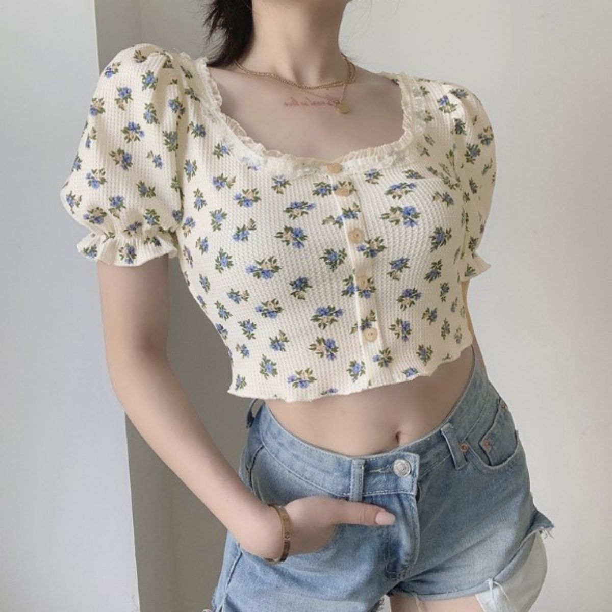 T-Shirts/レトロ小花柄ショートトップス ST/No.27953