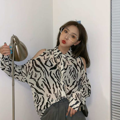 Tops/ ゼブラ柄 肩空き シフォン シアーシャツ ST/No.27284