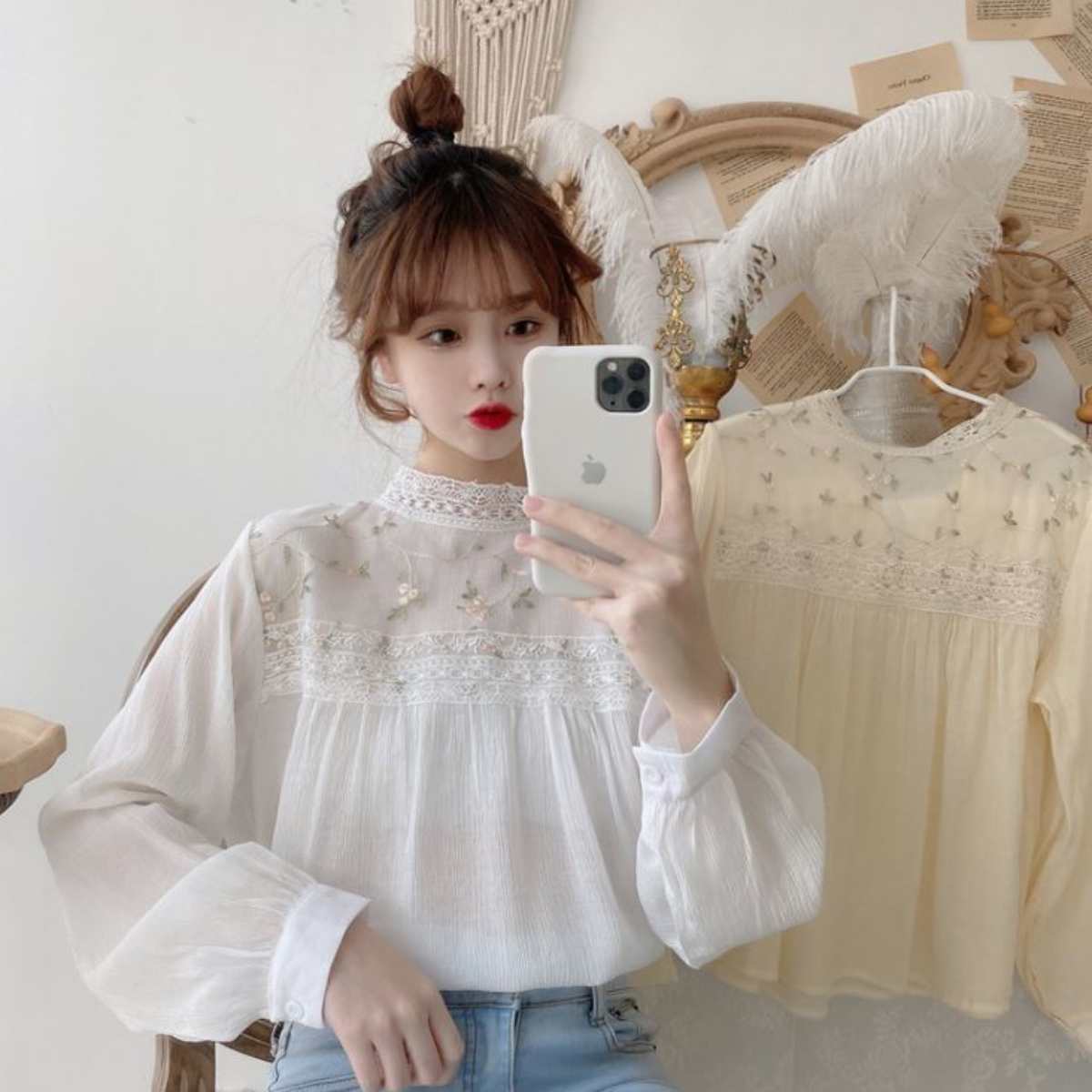 Tops/ 花柄刺しゅう レース スモック ST/No.27269
