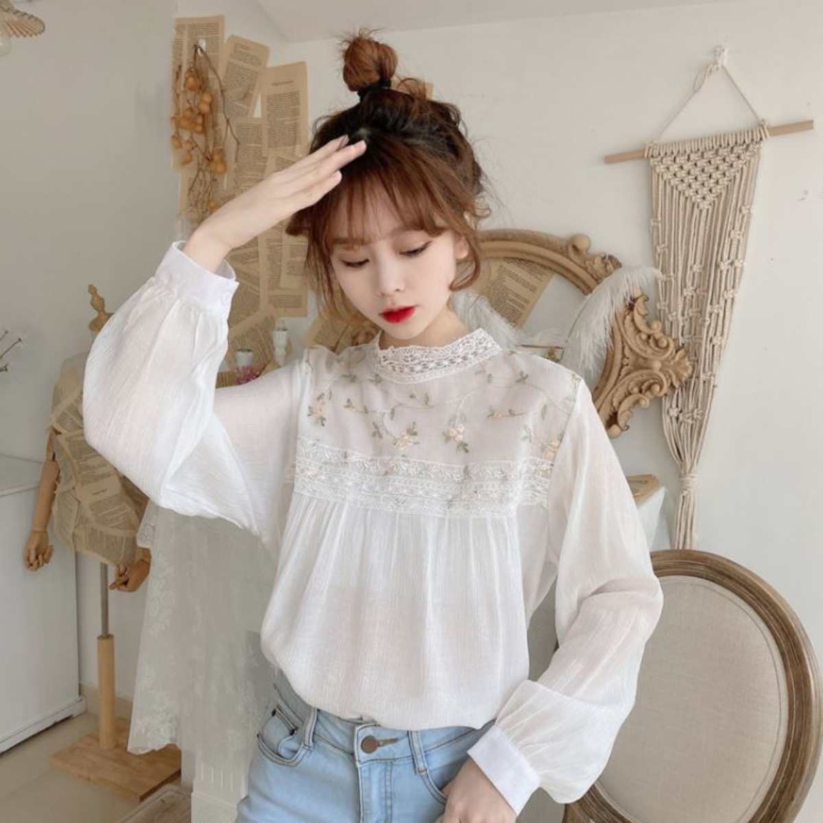 Tops/ 花柄刺しゅう レース スモック ST/No.27269