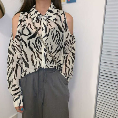 Tops/ ゼブラ柄 肩空き シフォン シアーシャツ ST/No.27284