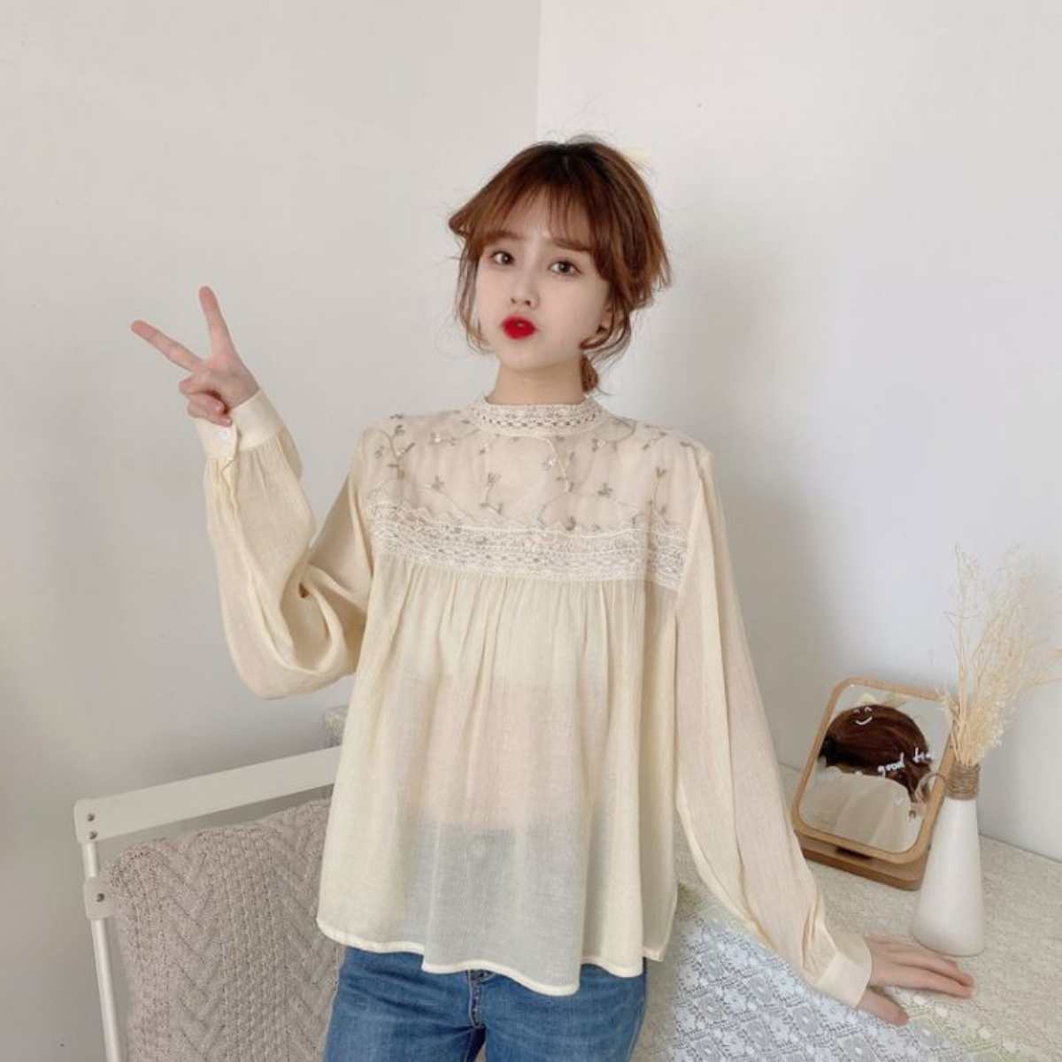 Tops/ 花柄刺しゅう レース スモック ST/No.27269