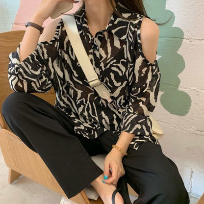 Tops/ ゼブラ柄 肩空き シフォン シアーシャツ ST/No.27284