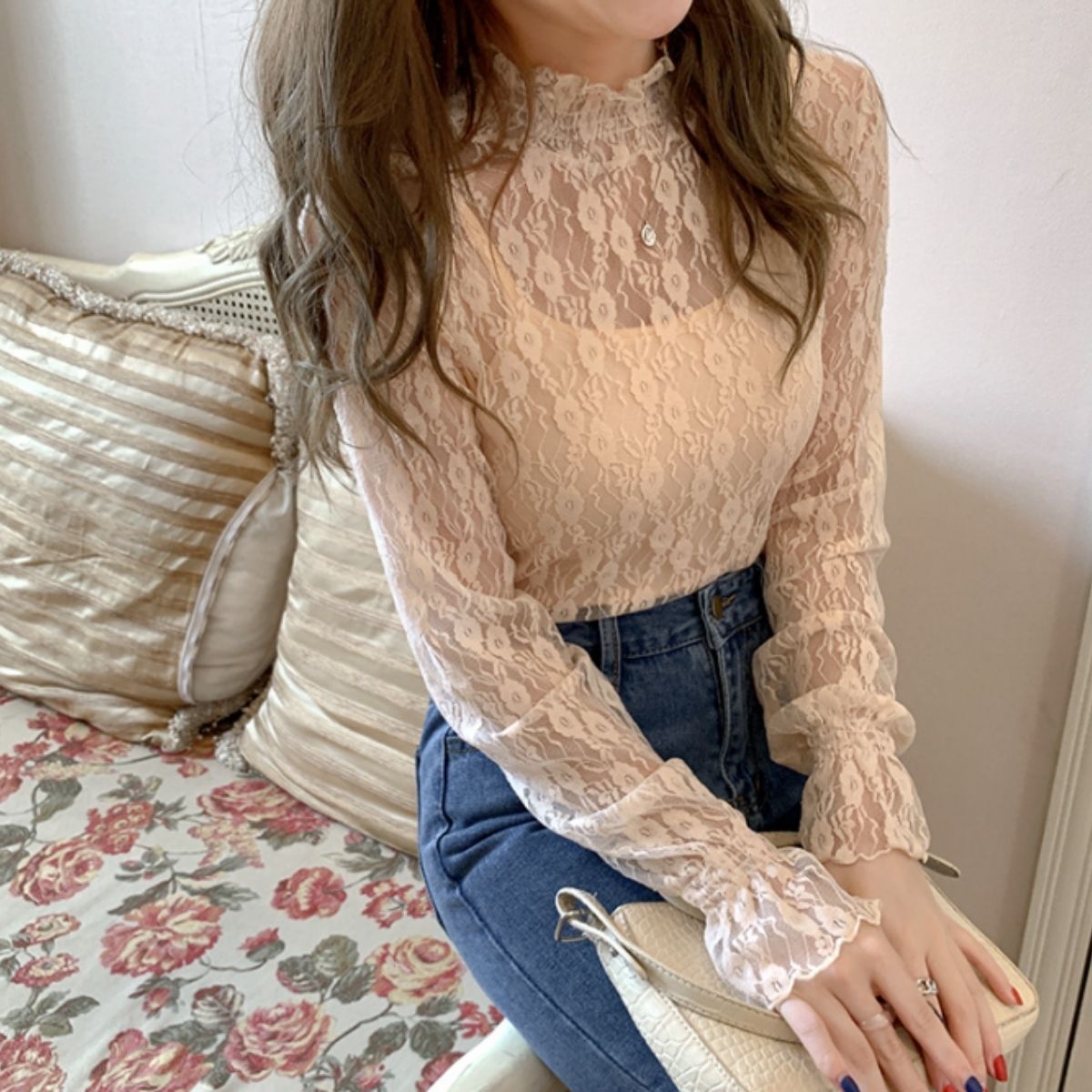 Blouse/ハイネックシアー小花長袖トップス ST/No.27828