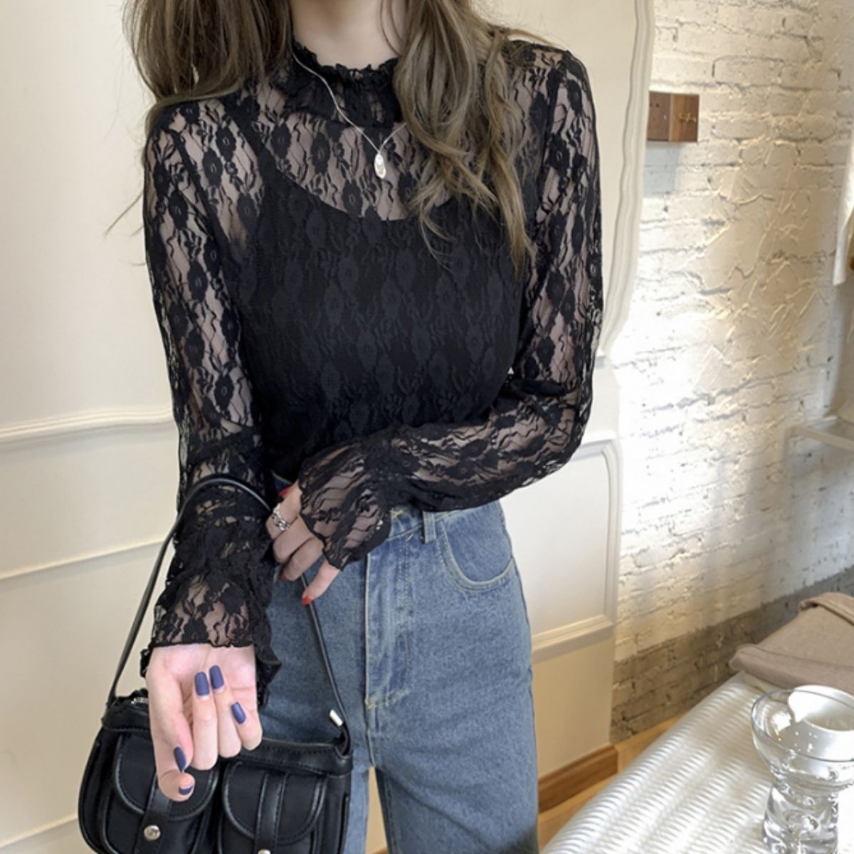 Blouse/ハイネックシアー小花長袖トップス ST/No.27828