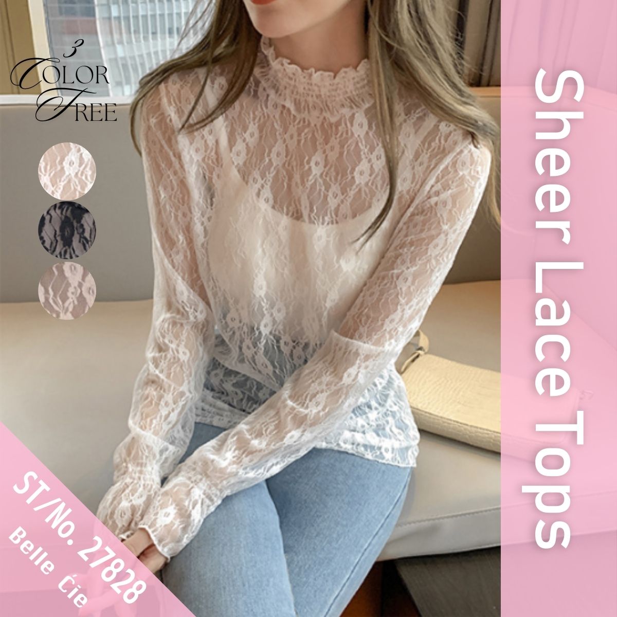 Blouse/ハイネックシアー小花長袖トップス ST/No.27828