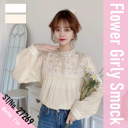 Tops/ 花柄刺しゅう レース スモック ST/No.27269