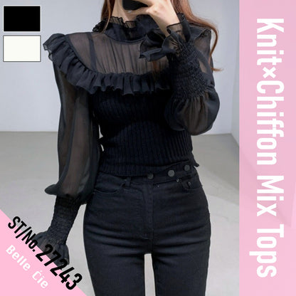 Tops/ シフォンニット切り替えトップス ST/No.27243